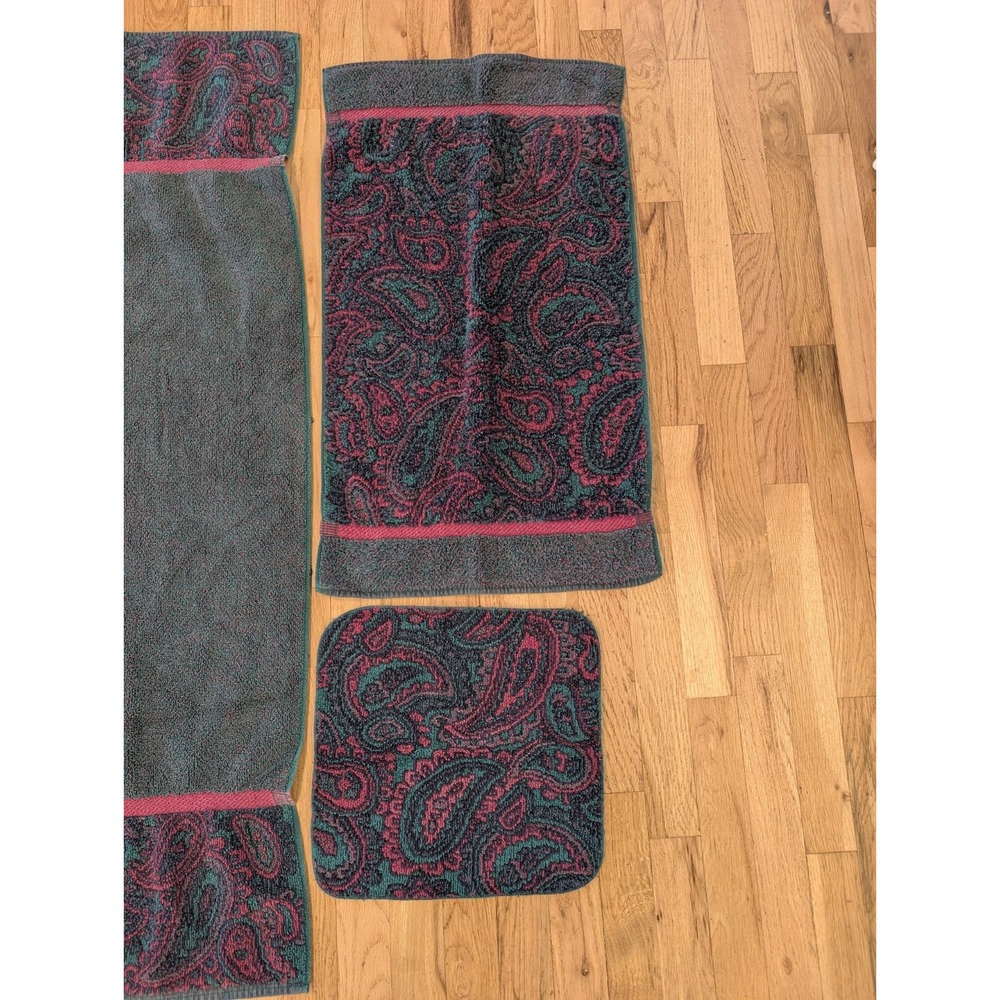 VTG Fieldcrest Royal Velvet Towel Set Paisley Green Burgundy Bath Hand Washcloth - Picture 4 of 11